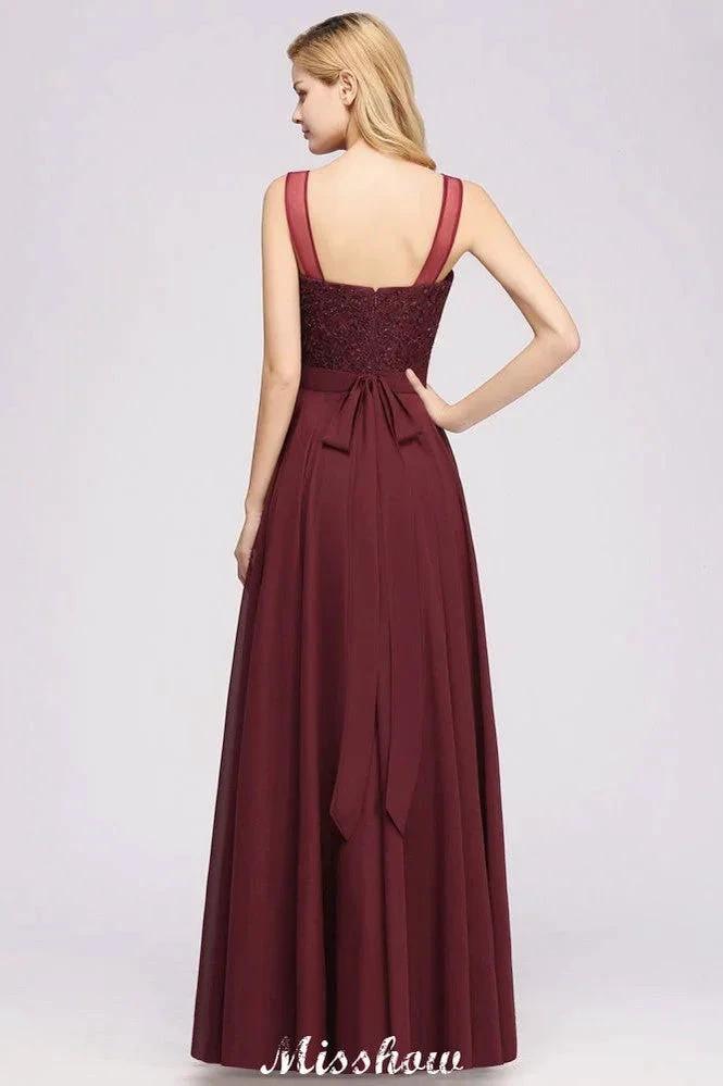 Tulle Lace Beadings Jewel Sleeveless Floor-Length Bridesmaid Dresses A-Line Chiffon Tulle Party Dress by misshow.com