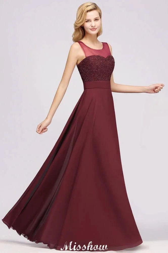 Tulle Lace Beadings Jewel Sleeveless Floor-Length Bridesmaid Dresses A-Line Chiffon Tulle Party Dress by misshow.com