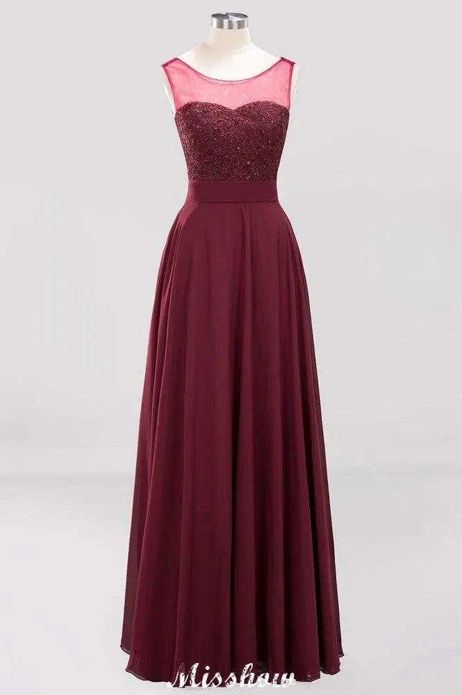 Tulle Lace Beadings Jewel Sleeveless Floor-Length Bridesmaid Dresses A-Line Chiffon Tulle Party Dress by misshow.com
