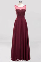 Tulle Lace Beadings Jewel Sleeveless Floor-Length Bridesmaid Dresses A-Line Chiffon Tulle Party Dress by misshow.com