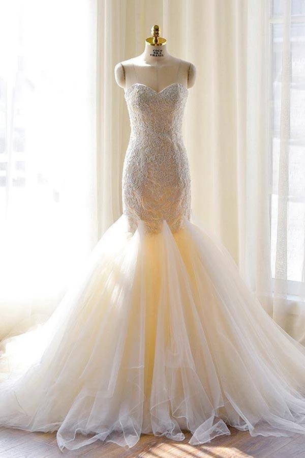 Tulle Mermaid Gorgeous Lace-Appliques Sweetheart Wedding Dress WD127 by pgmdress