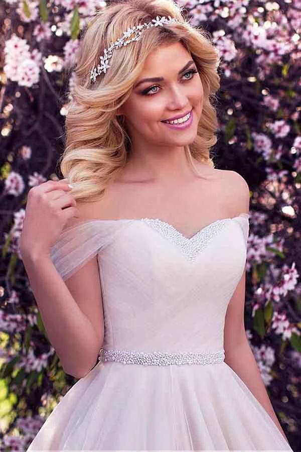 Tulle Off-the-shoulder Neckline A-line Wedding Dress With Beading WD215 by pgmdress