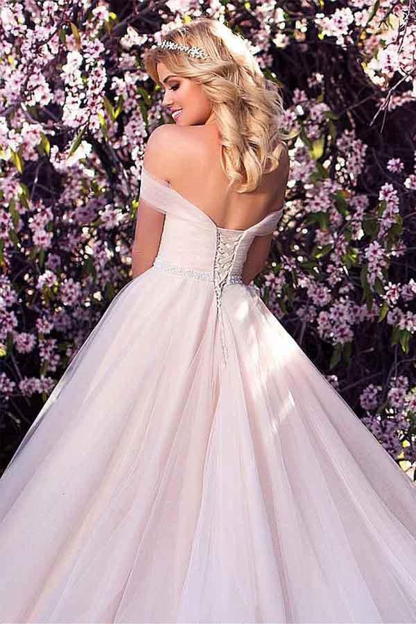 Tulle Off-the-shoulder Neckline A-line Wedding Dress With Beading WD215 by pgmdress