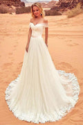 Tulle Off-the-shoulder Neckline Wedding Dress With Lace Appliques WD201 by pgmdress