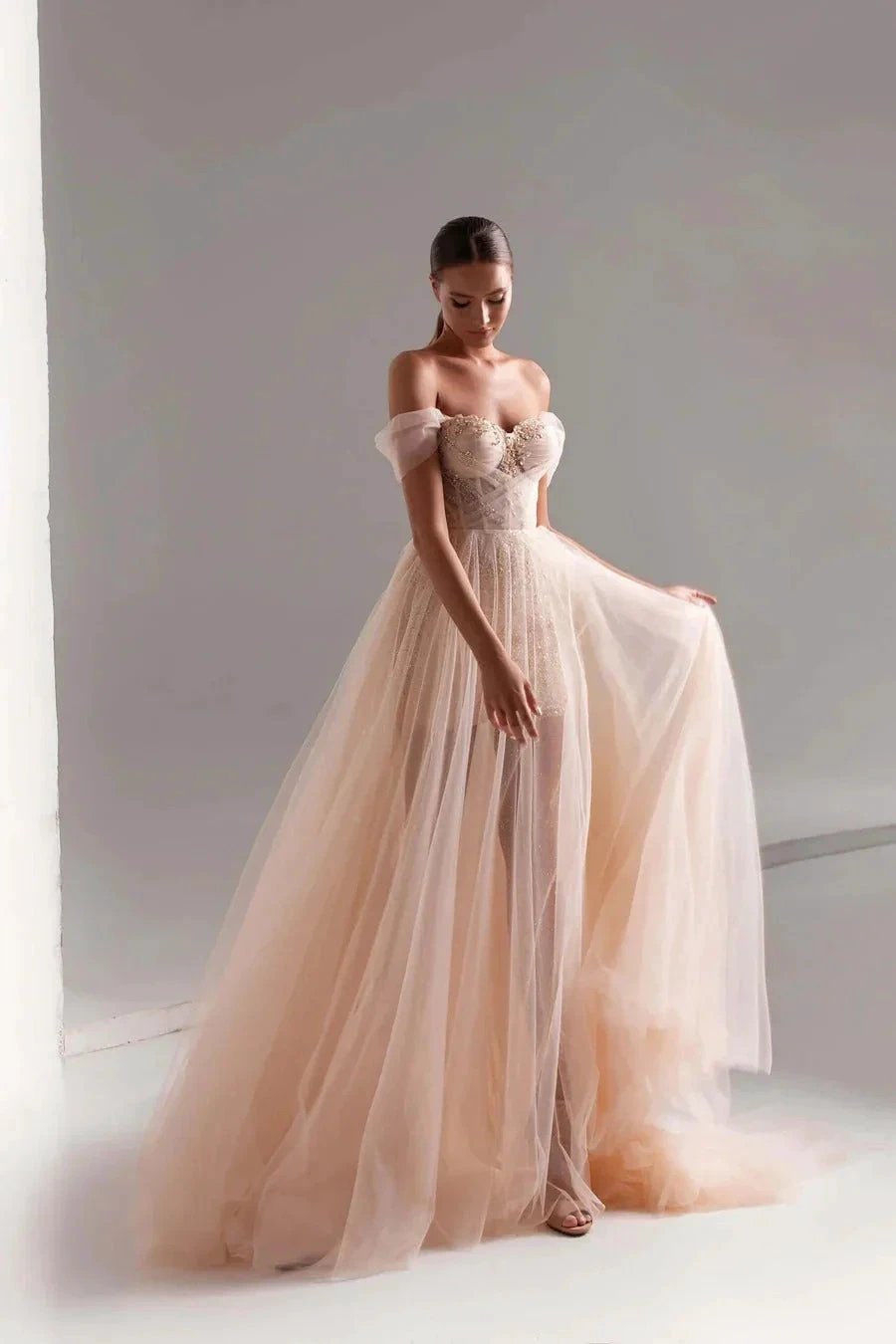 Tulle Prom Dress A-Line Long Shining Beads Prom Gown by Anne of Brittany