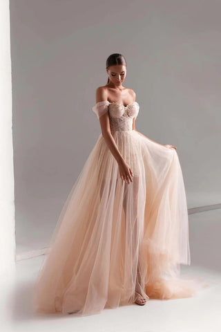 Vestido de fiesta de tul, corte A, largo, con cuentas brillantes