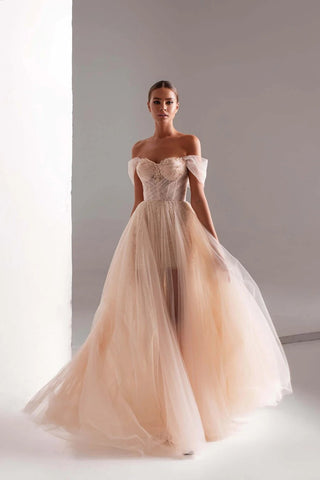 Vestido de fiesta de tul, corte A, largo, con cuentas brillantes
