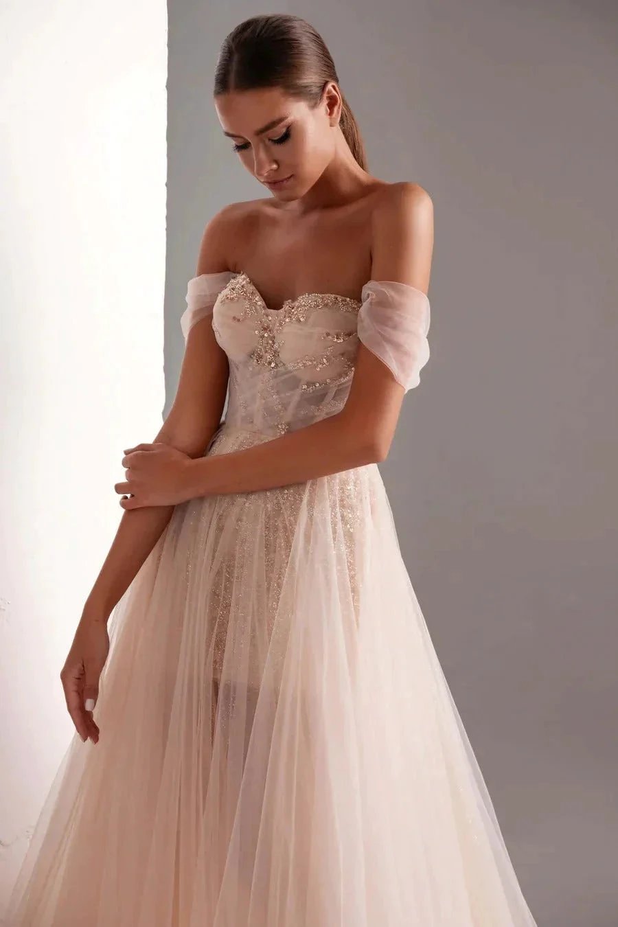 Tulle Prom Dress A-Line Long Shining Beads Prom Gown by Anne of Brittany