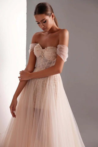 Vestido de fiesta de tul, corte A, largo, con cuentas brillantes