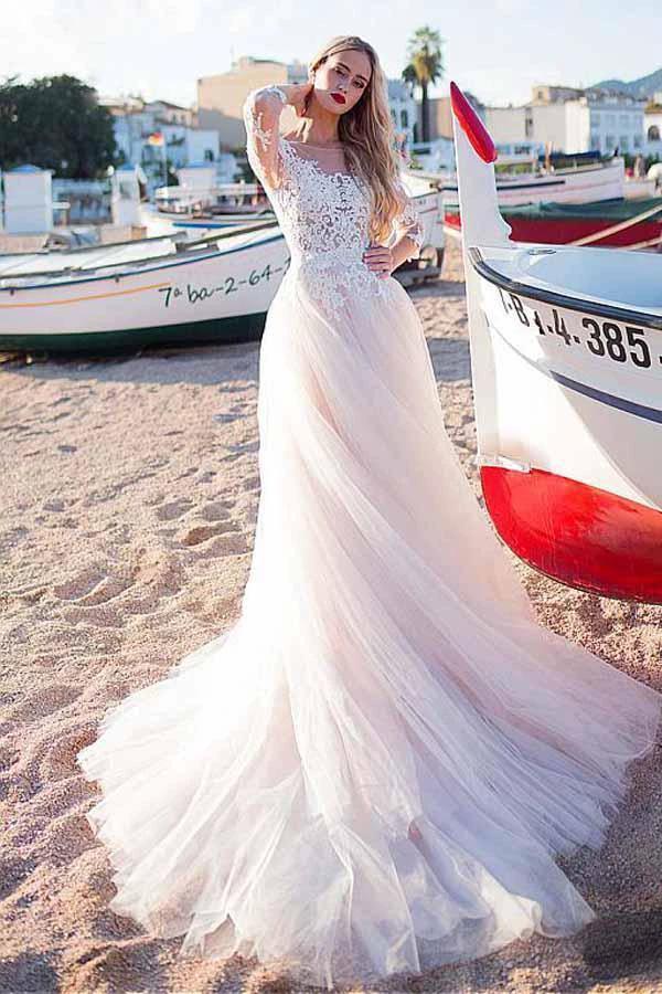Tulle Scoop Neckline A-line Wedding Dress With Lace Appliques WD188 by pgmdress
