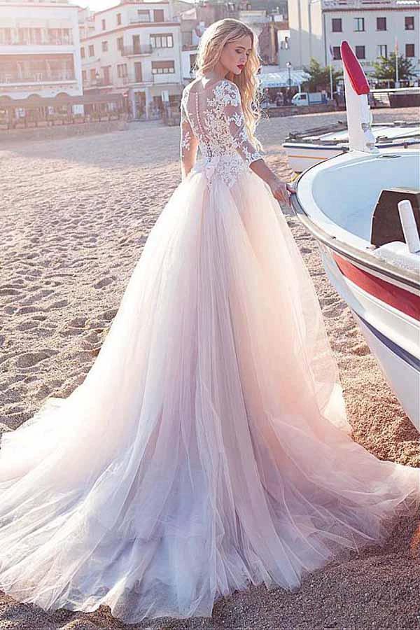Tulle Scoop Neckline A-line Wedding Dress With Lace Appliques WD188 by pgmdress
