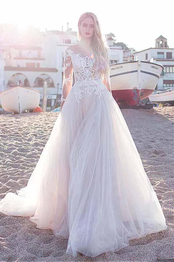 Tulle Scoop Neckline A-line Wedding Dress With Lace Appliques WD188 by pgmdress
