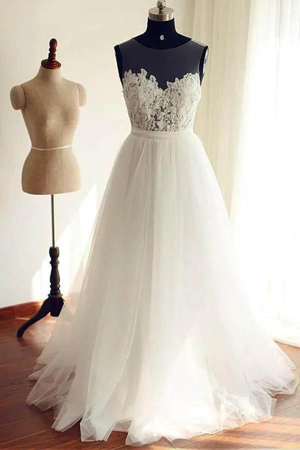 Tulle Scoop Neckline A-line Wedding Dresses With Lace Appliques WD251 by pgmdress