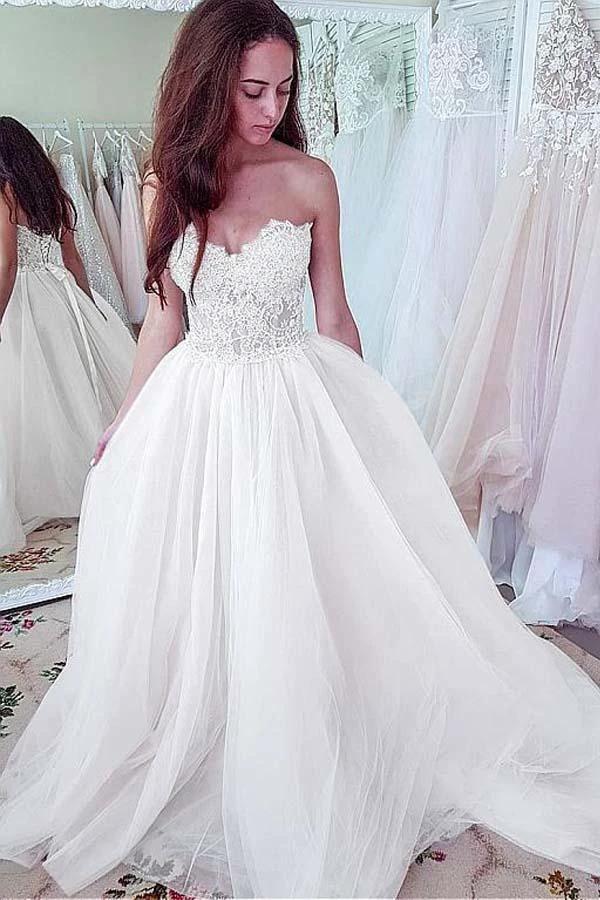 Tulle Sweetheart Neckline A-line Wedding Dresses With Lace Appliques WD362 by pgmdress