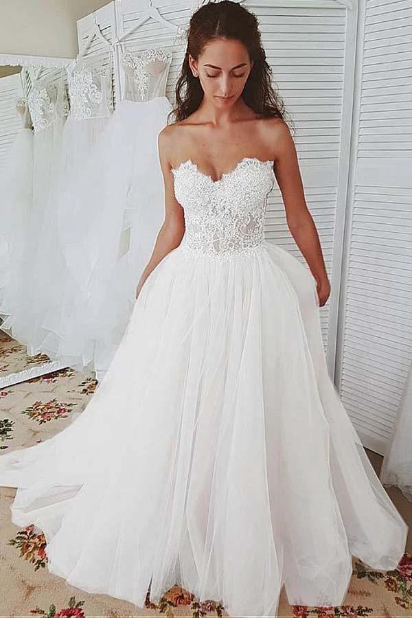 Tulle Sweetheart Neckline A-line Wedding Dresses With Lace Appliques WD362 by pgmdress