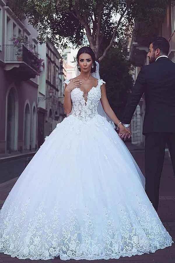 Tulle V-neck Neckline Ball Gown Wedding Dresses With Lace Appliques WD282 by pgmdress