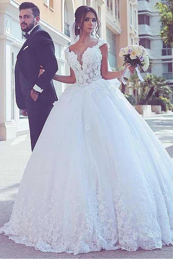 Tulle V-neck Neckline Ball Gown Wedding Dresses With Lace Appliques WD282 by pgmdress