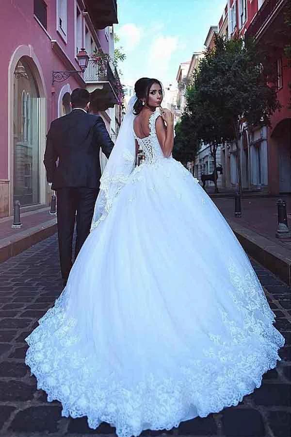 Tulle V-neck Neckline Ball Gown Wedding Dresses With Lace Appliques WD282 by pgmdress