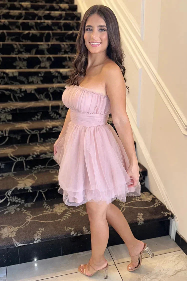 tulle mesh tube top homecoming dress SYH103 by vivymakudress