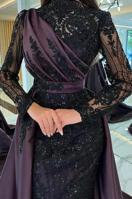 Turkish Mermaid High Neck Long Sleeves Evening Dresses With Black Lace by misshow.com