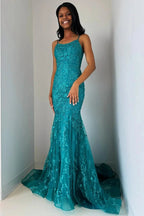 Elma | Turquoise Appliques Lace-Up Trumpet Long Prom Dress by KissProm