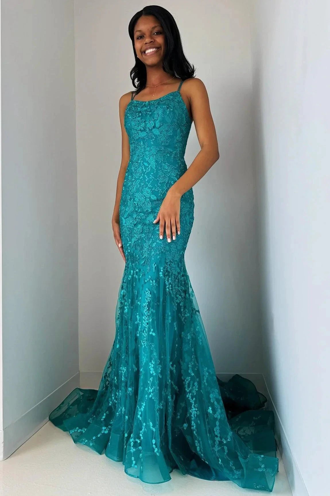 Elma | Turquoise Appliques Lace-Up Trumpet Long Prom Dress by KissProm