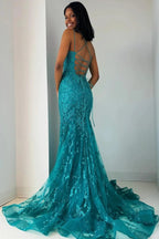 Elma | Turquoise Appliques Lace-Up Trumpet Long Prom Dress by KissProm