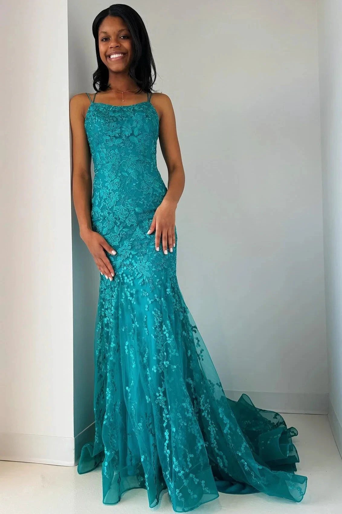 Elma | Turquoise Appliques Lace-Up Trumpet Long Prom Dress by KissProm