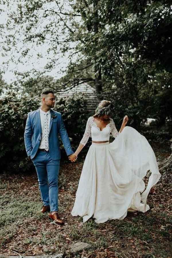 Vestido de novia de dos piezas de gasa con mangas 3/4 WD314