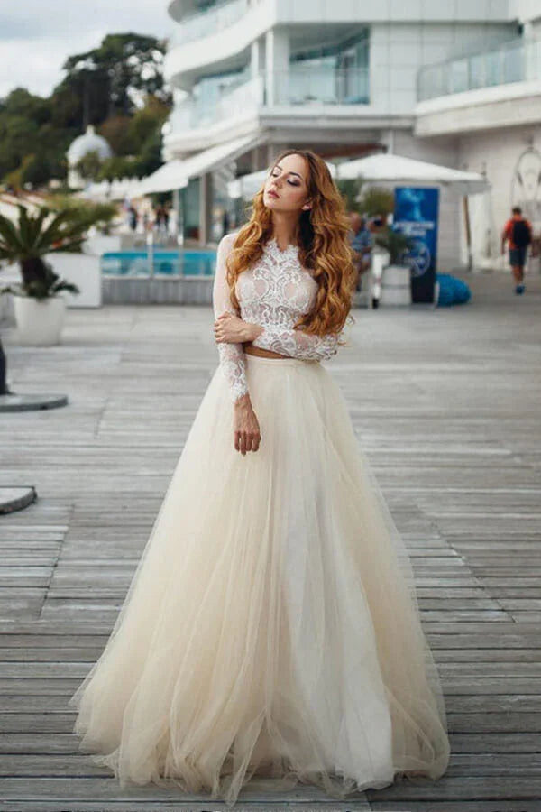 Robe de mariée longue en dentelle et tulle à jupe évasée deux pièces avec manches