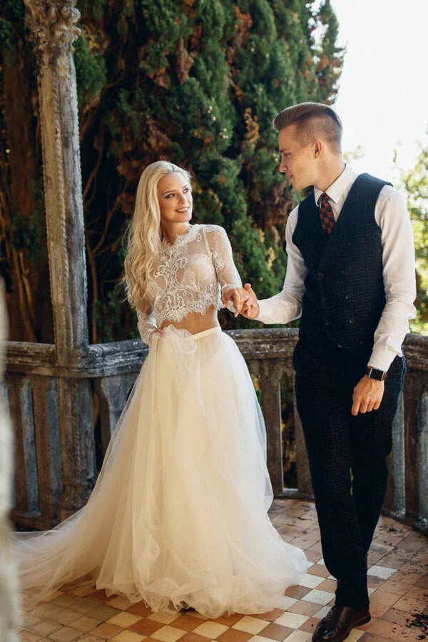 Robe de mariée longue en dentelle et tulle à jupe évasée deux pièces avec manches
