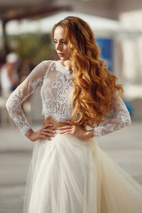 Robe de mariée longue en dentelle et tulle à jupe évasée deux pièces avec manches