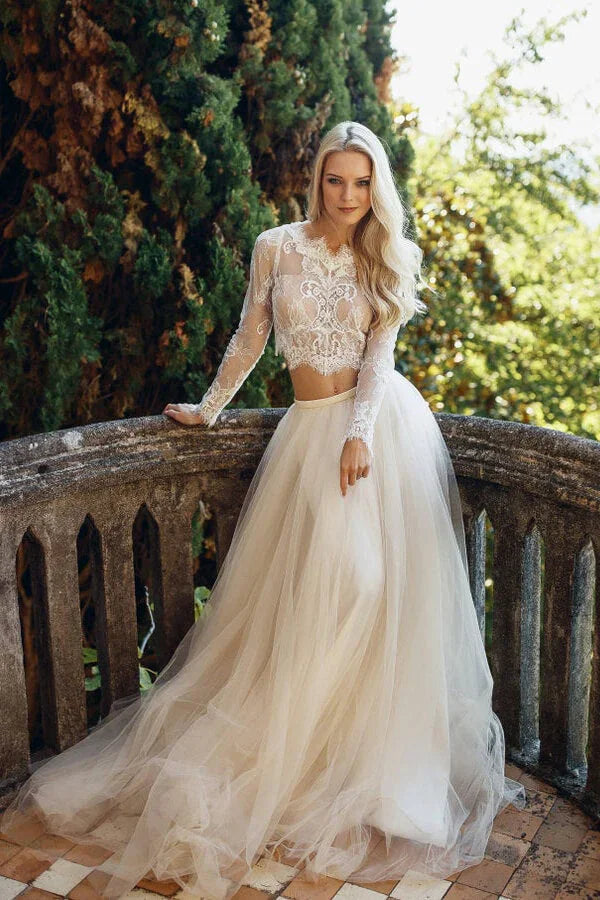 Robe de mariée longue en dentelle et tulle à jupe évasée deux pièces avec manches