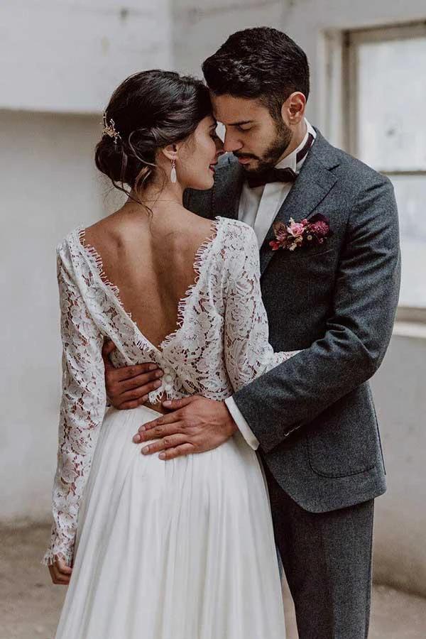 Two Piece Bateau Long Sleeves Chiffon Wedding Dress with Lace WD372 by pgmdress