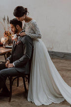 Two Piece Bateau Long Sleeves Chiffon Wedding Dress with Lace WD372 by pgmdress