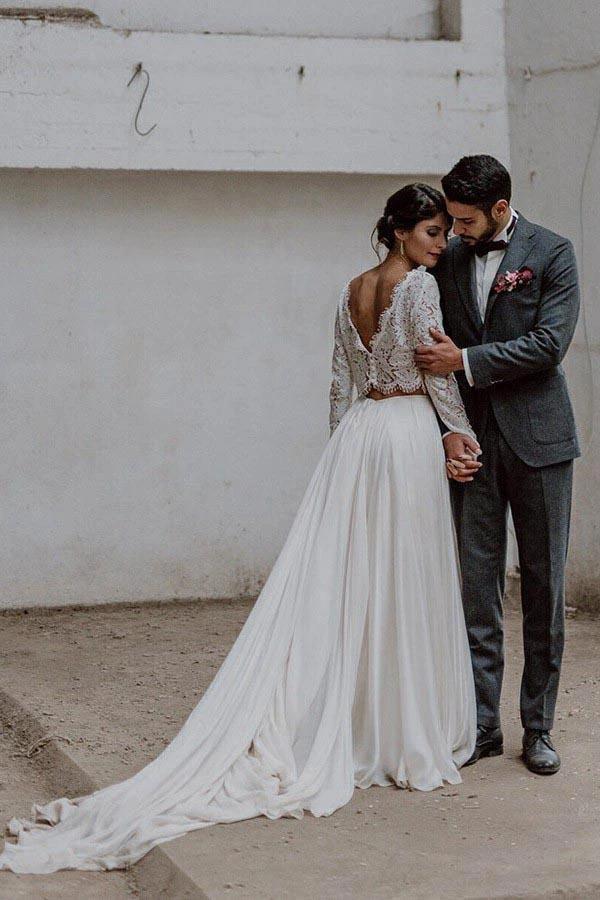 Two Piece Bateau Long Sleeves Chiffon Wedding Dress with Lace WD372 by pgmdress