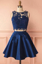 Two Piece Dark Blue Satin Homecoming Dress with Lace Appliques PG157