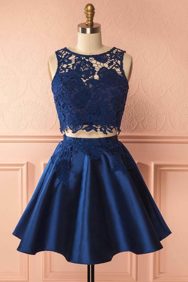 Vestido de fiesta de dos piezas de satén azul oscuro con apliques de encaje PG157