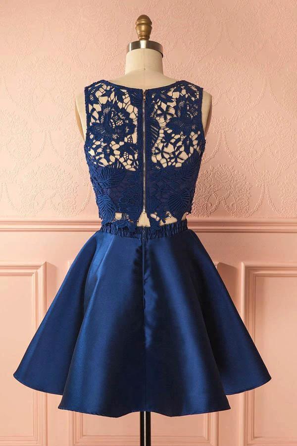 Two Piece Dark Blue Satin Homecoming Dress with Lace Appliques PG157 by pgmdress