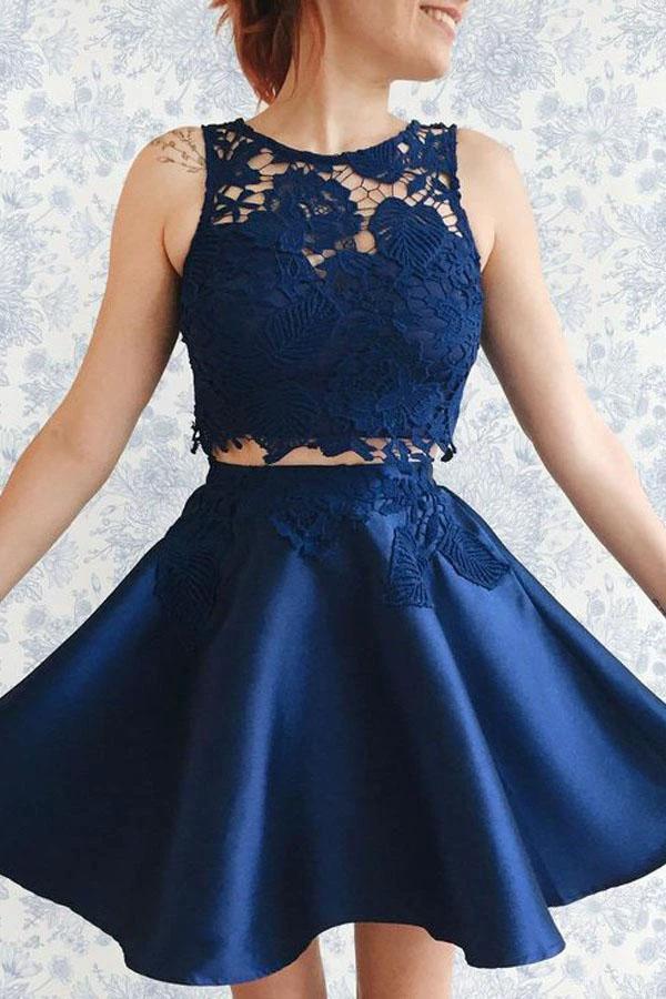 Two Piece Dark Blue Satin Homecoming Dress with Lace Appliques PG157 by pgmdress