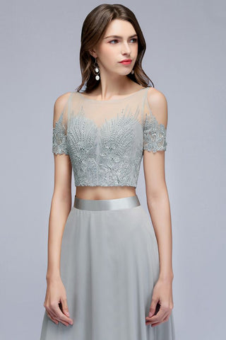 Zweiteilige bodenlange Chiffon-Ballkleider mit Applikationen