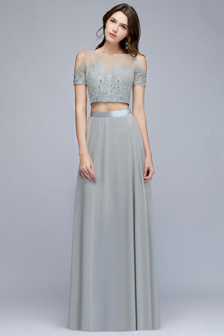 Zweiteilige bodenlange Chiffon-Ballkleider mit Applikationen