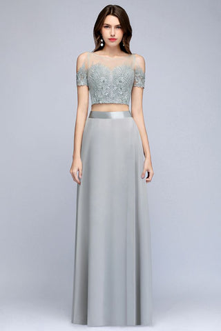 Zweiteilige bodenlange Chiffon-Ballkleider mit Applikationen