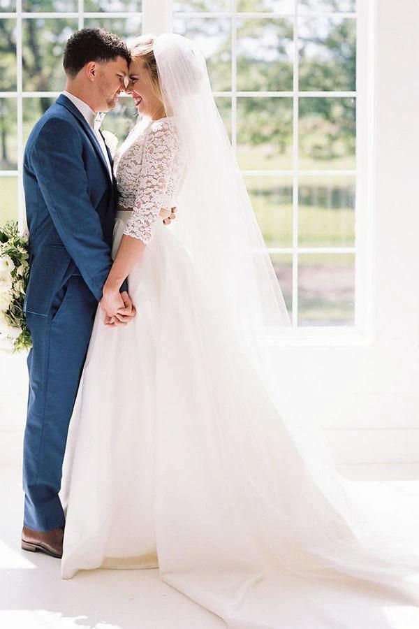 Two Piece Half Sleeves See-Through Wedding Dress with Lace Top WD387 by pgmdress