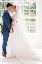 Two Piece Half Sleeves See-Through Wedding Dress with Lace Top WD387 by pgmdress