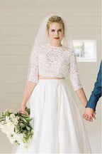 Two Piece Half Sleeves See-Through Wedding Dress with Lace Top WD387 by pgmdress