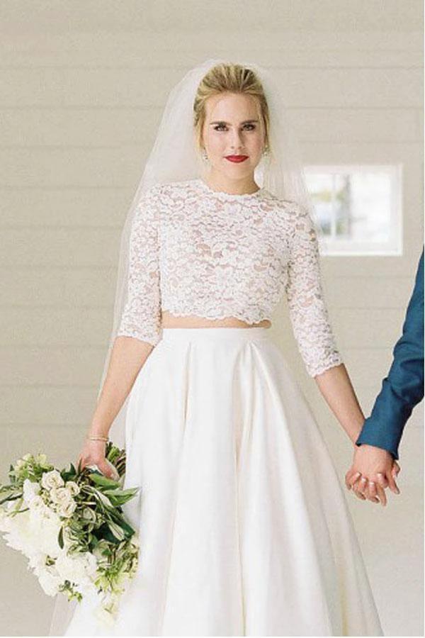Two Piece Half Sleeves See-Through Wedding Dress with Lace Top WD387 by pgmdress