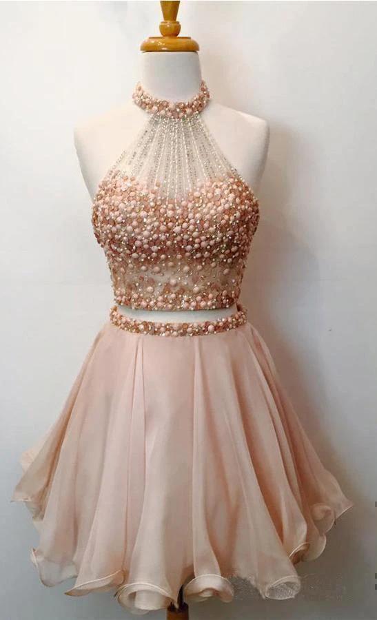 Two Piece Halter Homecoming Dresses Blush Pink Short Prom Dresses PD289 by pgmdress
