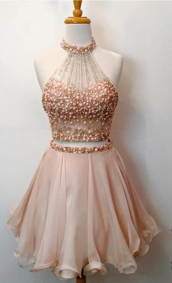Two Piece Halter Homecoming Dresses Blush Pink Short Prom Dresses PD289 Main Image