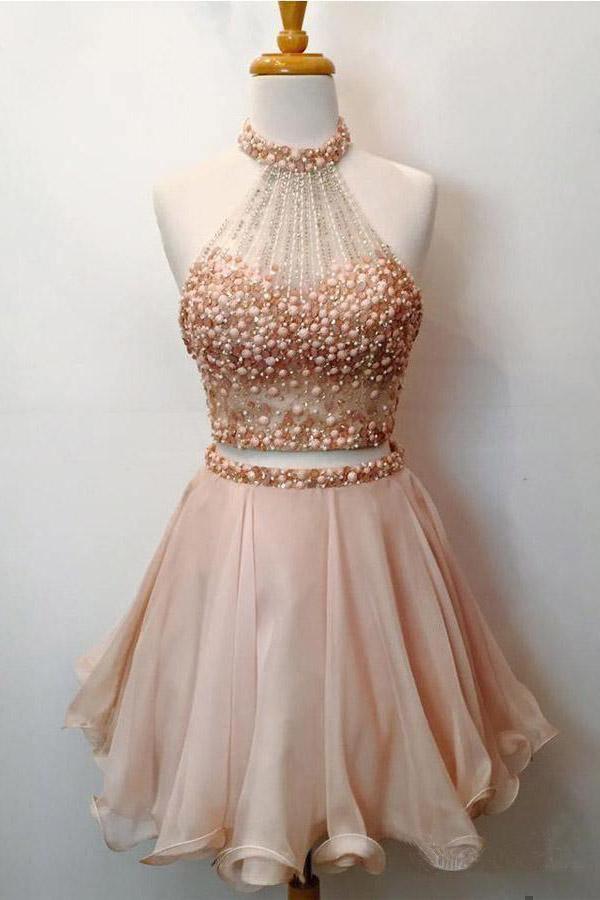 Two Piece Halter Homecoming Dresses Blush Pink Short Prom Dresses PD289 Hover Image